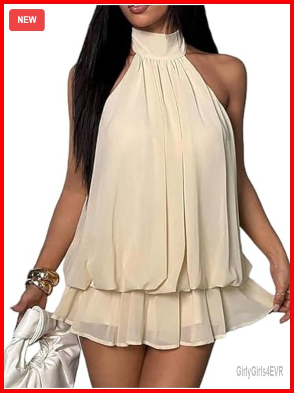 Women's Chiffon Halter Mini Dress Backless Ruffle Hem Night Out Party